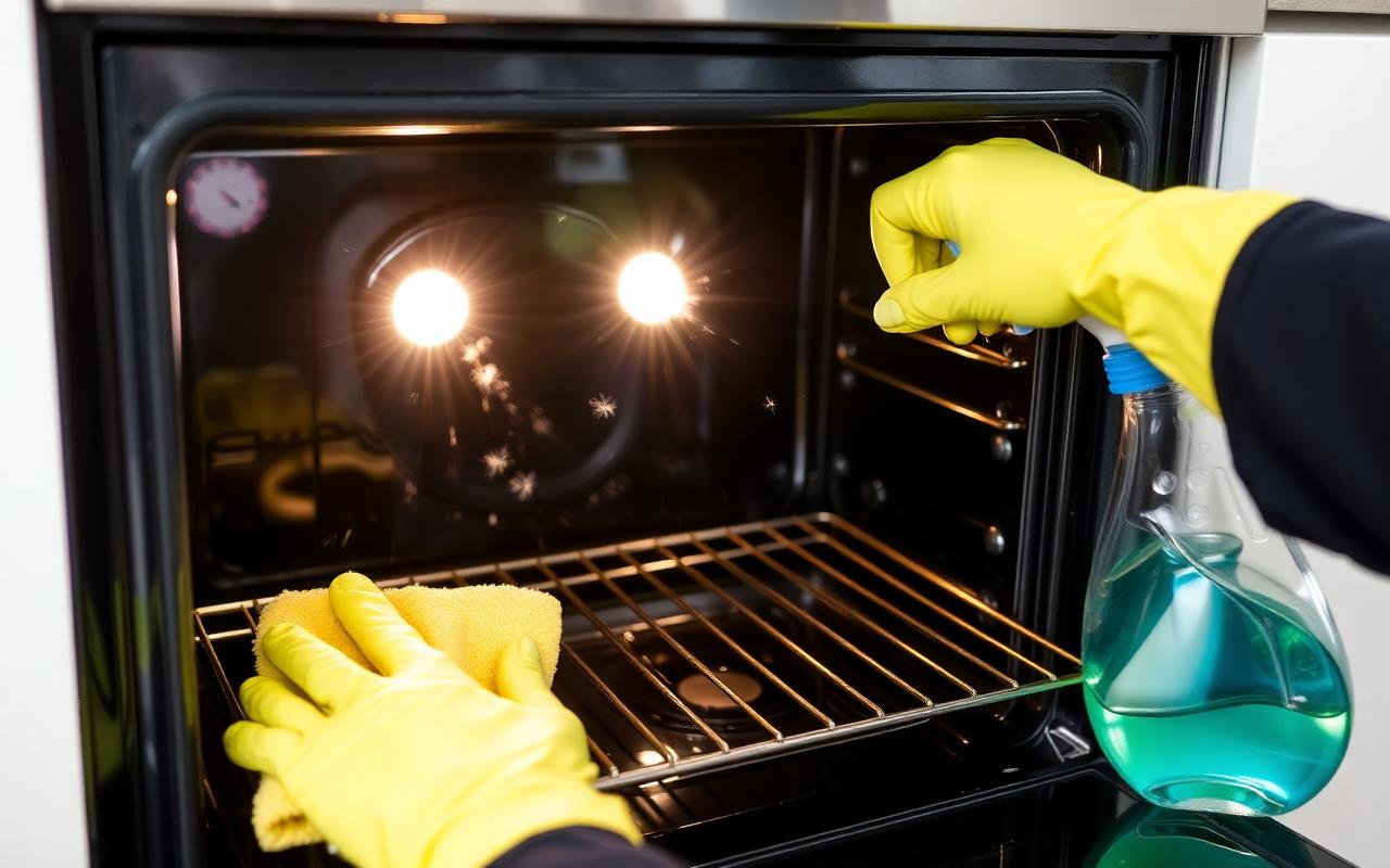 Professional cleaner deep-cleaning an oven interior