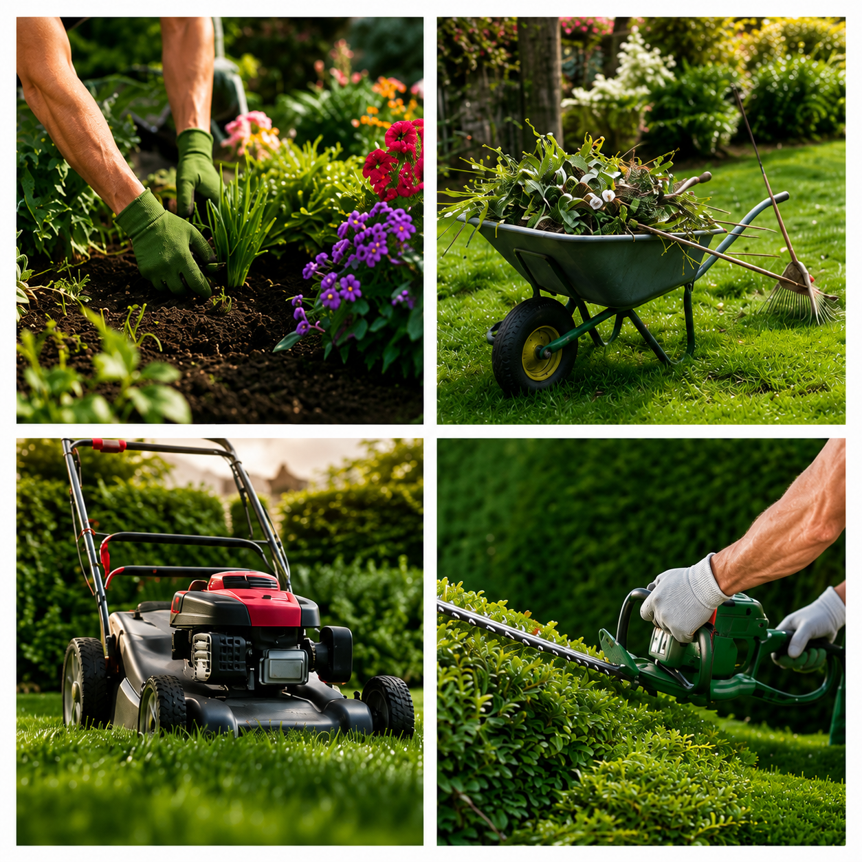 Professional gardener trimming hedges in a beautifully maintained garden