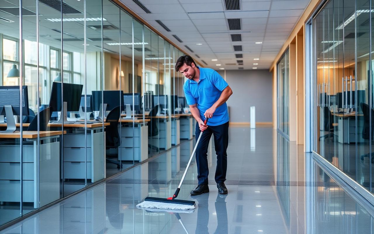 Professional commercial cleaning team servicing an office