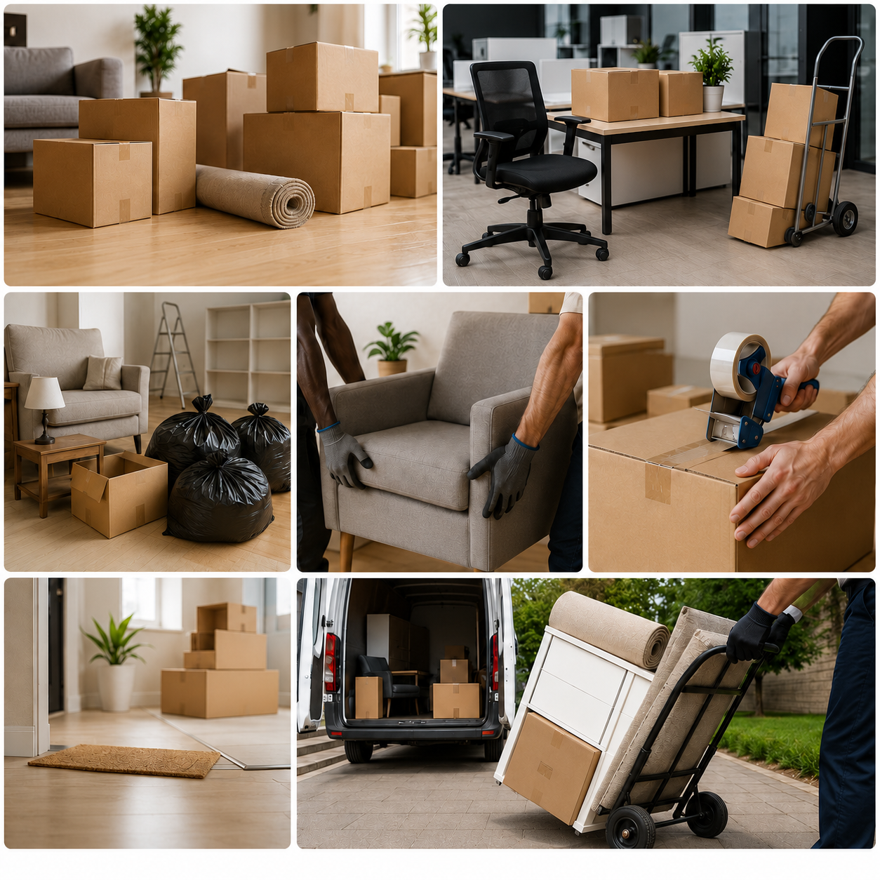 Professional removals team packing and moving boxes and furniture